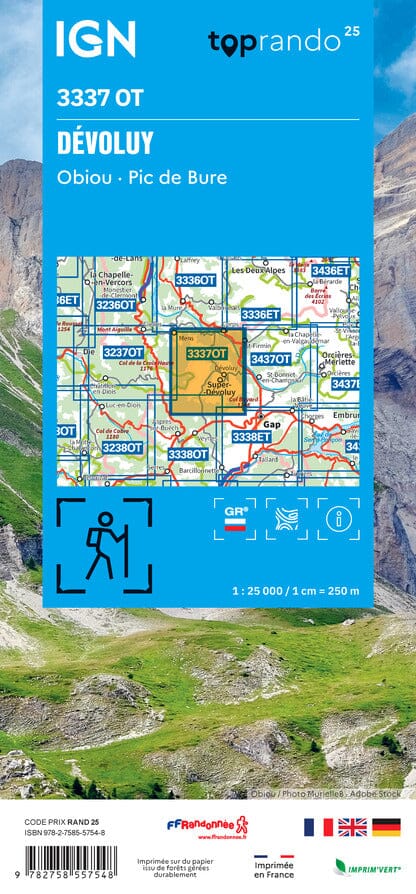 Carte de randonnée IGN TOP 25 n° 3337 OT - Massif de Dévoluy, Obiou & Pic de Bure (Alpes) carte de randonnée IGN 