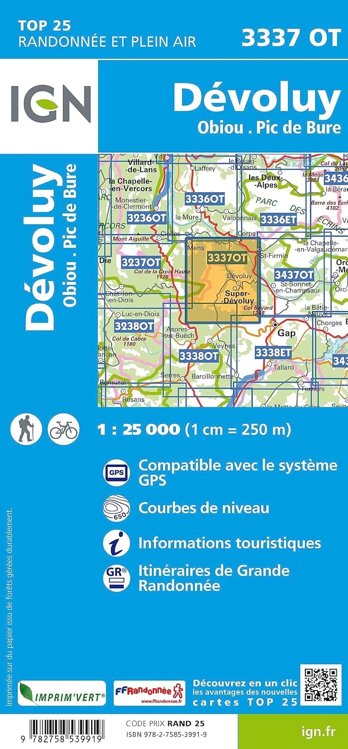 Carte de randonnée IGN TOP 25 n° 3337 OT - Massif de Dévoluy, Obiou & Pic de Bure (Alpes) carte de randonnée IGN 