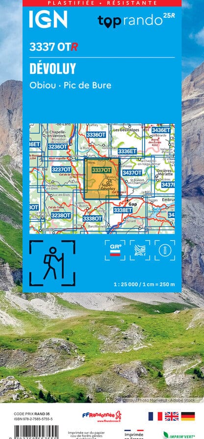 Carte de randonnée IGN TOP 25 n° 3337 OTR (résistante) - Massif de Dévoluy, Obiou & Pic de Bure (Alpes) carte de randonnée IGN 