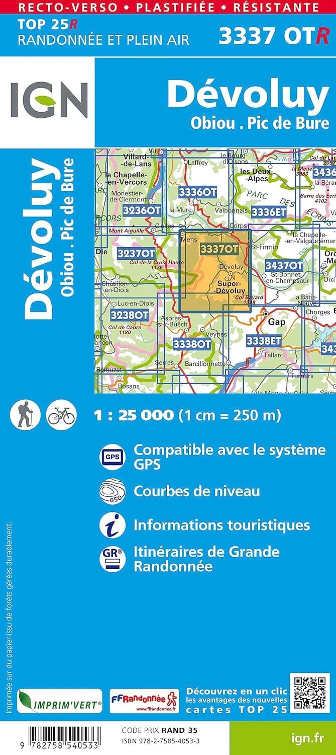 Carte de randonnée IGN TOP 25 n° 3337 OTR (résistante) - Massif de Dévoluy, Obiou & Pic de Bure (Alpes) carte de randonnée IGN 