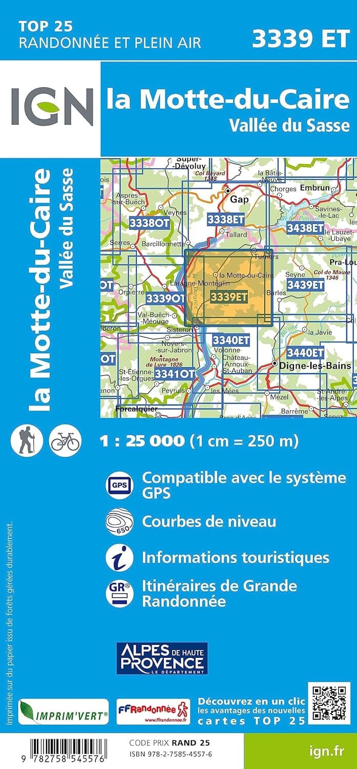 Carte de randonnée IGN TOP 25 n° 3339 ET - La Motte du Caire & Vallée du Sasse (Alpes) carte de randonnée IGN 