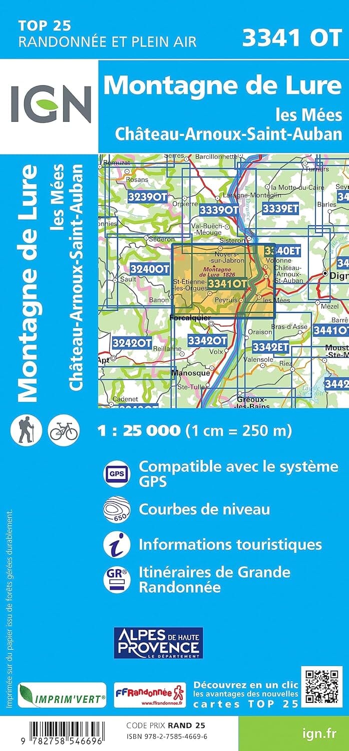 Carte de randonnée IGN TOP 25 n° 3341 OT - Montagne de Lure, Les Mées, Château-Arnoux-Saint-Auban carte de randonnée IGN 