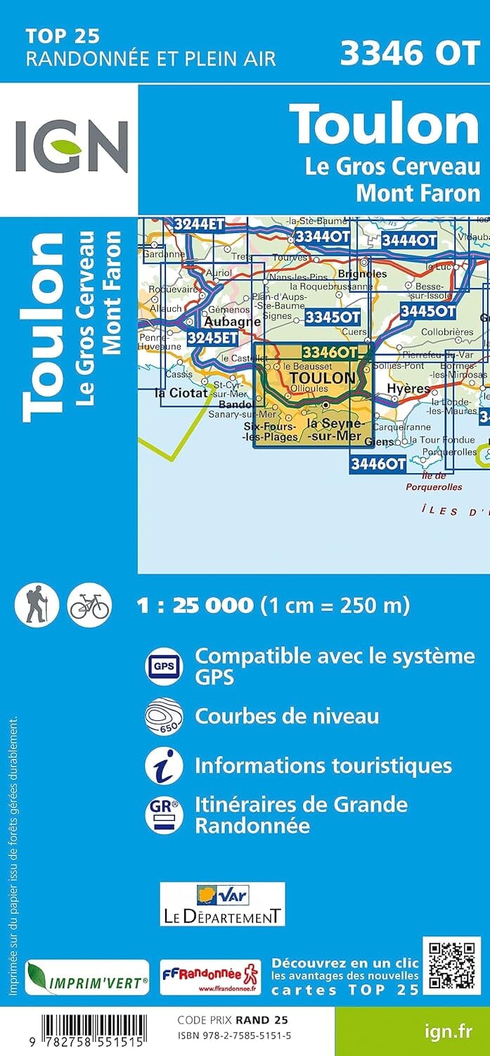 Carte de randonnée IGN TOP 25 n° 3346 OT - Toulon, Le Gros Cerveau, Mont Faron carte de randonnée IGN 