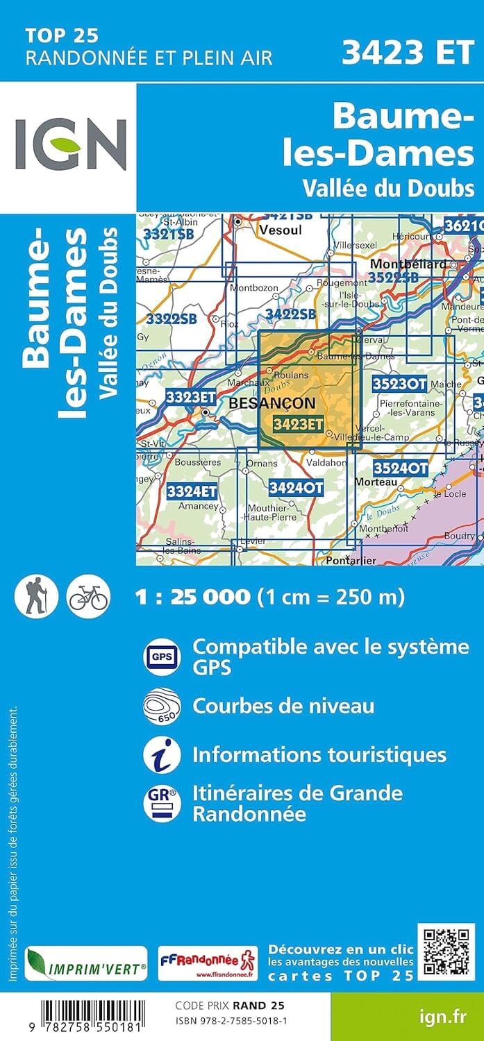 Carte de randonnée IGN TOP 25 n° 3423 ET - Baume-les-Dames, Vallée du Doubs carte de randonnée IGN 