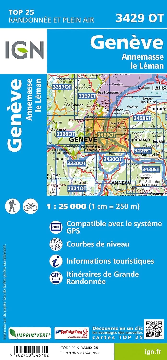 Carte de randonnée IGN TOP 25 n° 3429 OT - Genève, Anemasse & lac Léman (Alpes) carte de randonnée IGN 