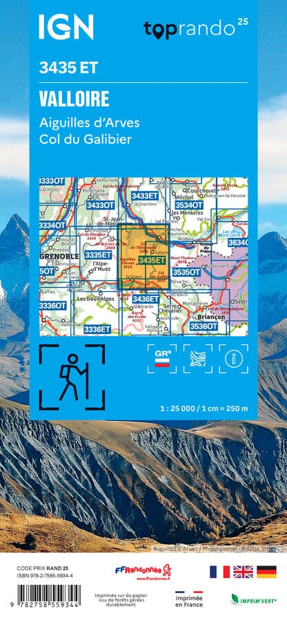 Carte de randonnée IGN TOP 25 n° 3435 ET - Valloire, Aiguilles d'Arves & Col du Galibier (Alpes) carte de randonnée IGN 