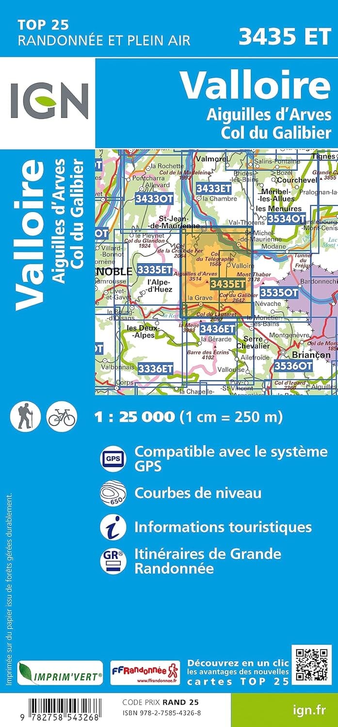 Carte de randonnée IGN TOP 25 n° 3435 ET - Valloire, Aiguilles d'Arves & Col du Galibier (Alpes) carte de randonnée IGN 