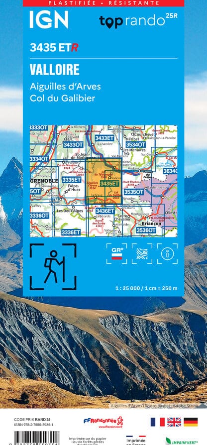 Carte de randonnée IGN TOP 25 n° 3435 ETR (résistante) - Valloire, Aiguilles d'Arves & Col du Galibier (Alpes) carte de randonnée IGN 