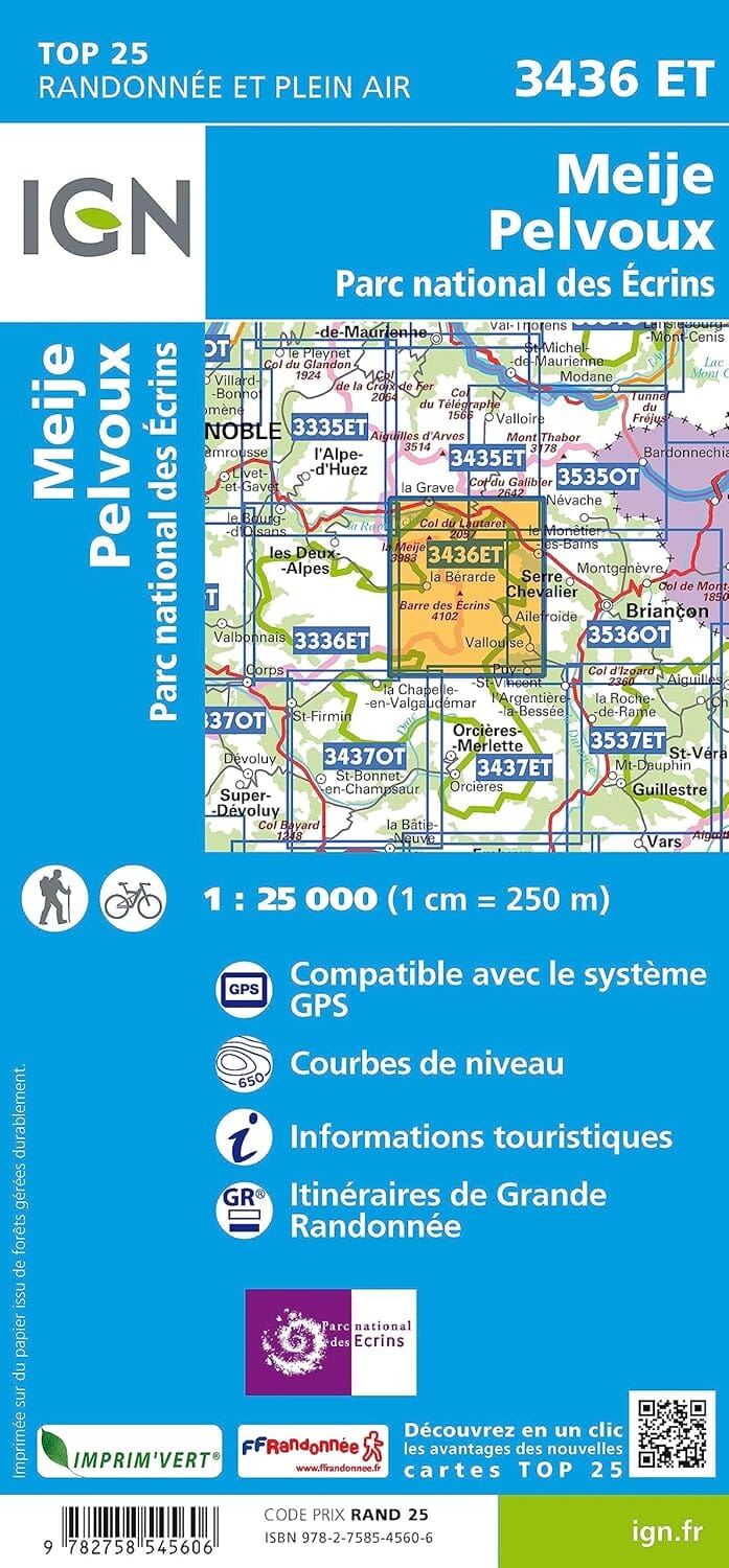 Carte de randonnée IGN TOP 25 n° 3436 ET - Meije, Mont Pelvoux (Parc National des Ecrins, Alpes) carte de randonnée IGN 
