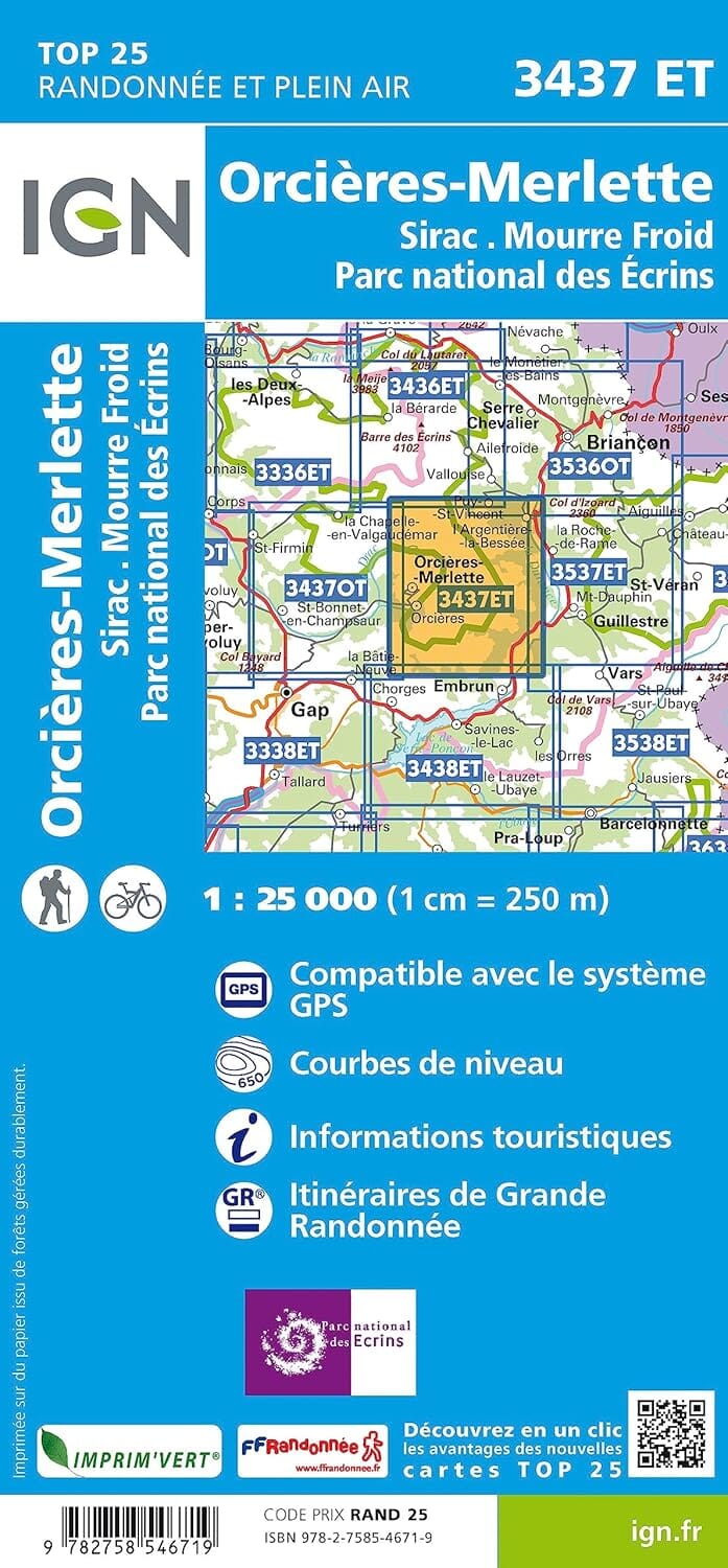 Carte de randonnée IGN TOP 25 n° 3437 ET - Orcières-Merlette (PN des Ecrins, Alpes) carte de randonnée IGN 