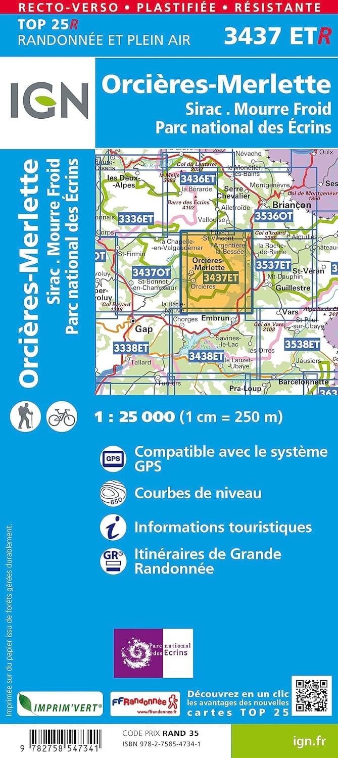 Carte de randonnée IGN TOP 25 n° 3437 ETR (Résistante) - Orcières-Merlette (PN des Ecrins, Alpes) carte de randonnée IGN 