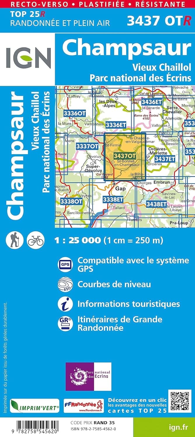 Carte de randonnée IGN TOP 25 n° 3437 OTR (Résistante) - Champsaur, Vieux Chaillol (PN des Ecrins, Alpes) carte de randonnée IGN 