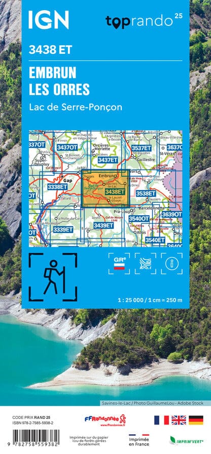 Carte de randonnée IGN TOP 25 n° 3438 ET - Embrun, les Orres & Lac de Serre-Ponçon carte de randonnée IGN 
