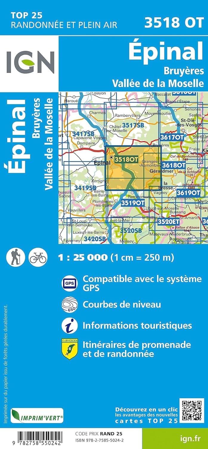 Carte de randonnée IGN TOP 25 n° 3518 OT - Epinal, Bruyères, Vallée de la Moselle carte de randonnée IGN 