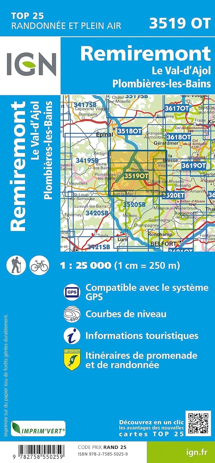 Carte de randonnée IGN TOP 25 n° 3519 OT - Remiremont, Le Val-d'Ajol, Plombières-les-Bains carte de randonnée IGN 