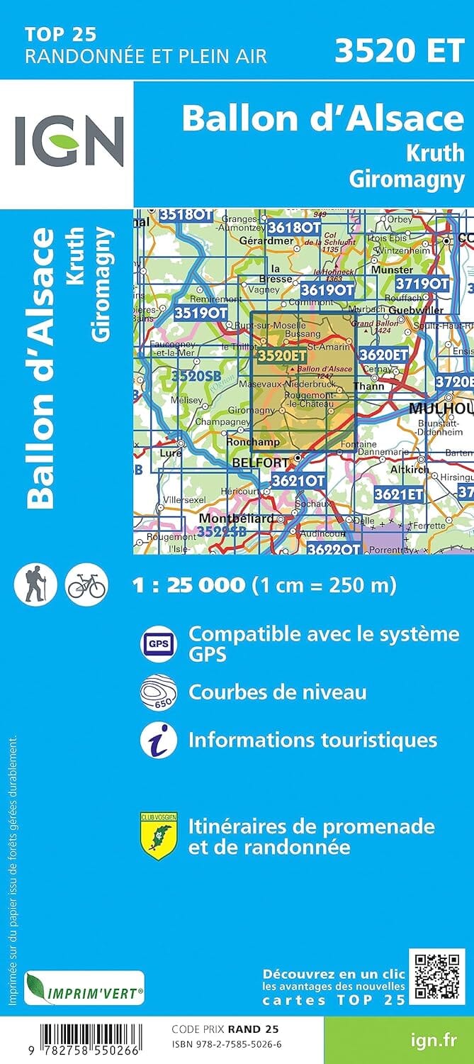 Carte de randonnée IGN TOP 25 n° 3520 ET - Giromagny, Kruth, Ballon d'Alsace carte de randonnée IGN 