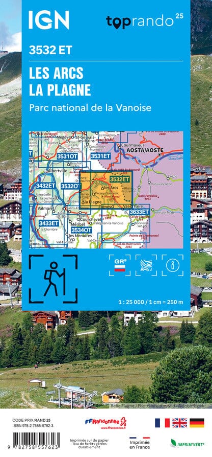 Carte de randonnée IGN TOP 25 n° 3532 ET - Les Arcs & La Plagne (Parc national de la Vanoise) carte de randonnée IGN 