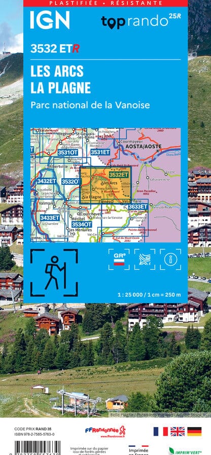 Carte de randonnée IGN TOP 25 n° 3532 ETR (résistante) - Les Arcs & La Plagne, PN de la Vanoise, Alpes) carte de randonnée IGN 
