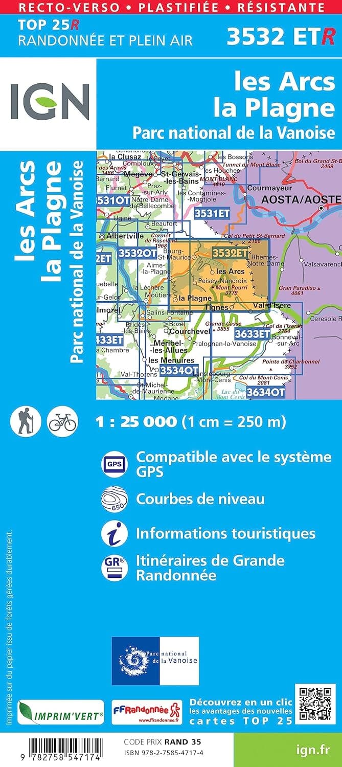 Carte de randonnée IGN TOP 25 n° 3532 ETR (résistante) - Les Arcs & La Plagne (PN de la Vanoise, Alpes) carte de randonnée IGN 