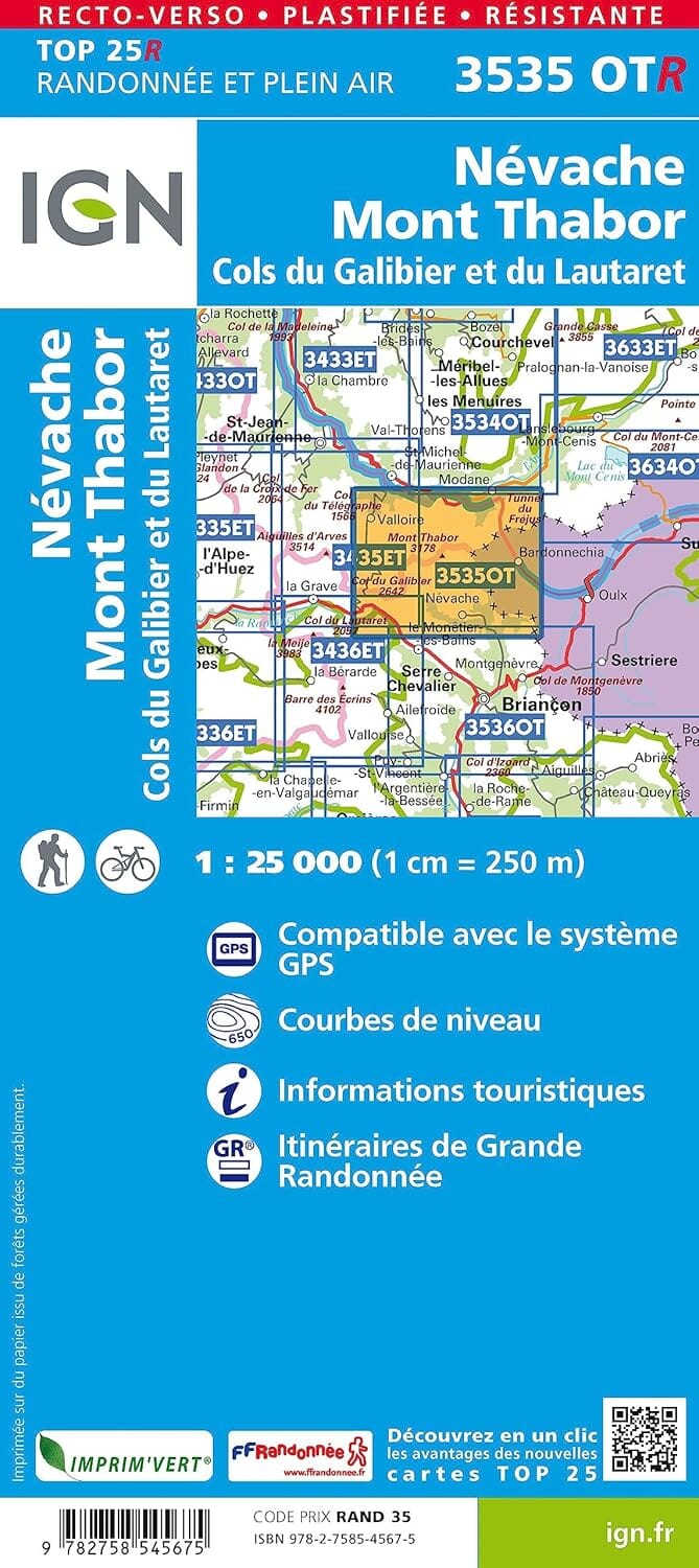 Carte de randonnée IGN TOP 25 n° 3535 OTR (résistante) - Névache, Mont Thabor, Cols du Galibier et du Lautaret (Alpes) carte de randonnée IGN 