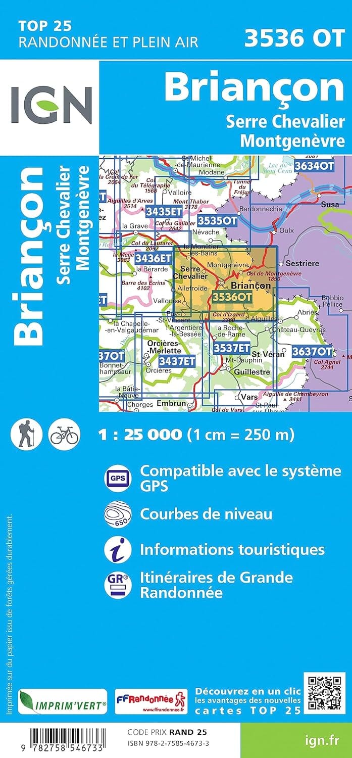 Carte de randonnée IGN TOP 25 n° 3536 OT - Briançon, Serre-Chevalier, Montgenèvre (Alpes) carte de randonnée IGN 