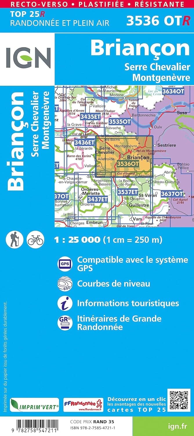 Carte de randonnée IGN TOP 25 n° 3536 OTR (résistante) - Briançon, Serre Chevalier & Montgenèvre (Alpes) carte de randonnée IGN 
