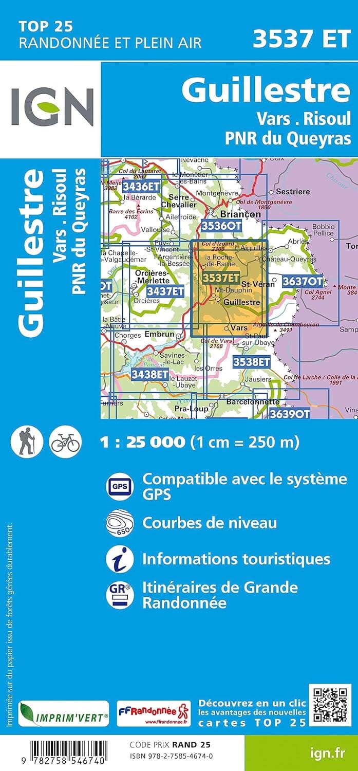 Carte de randonnée IGN TOP 25 n° 3537 ET - Guillestre, Vars et Risoul (PNR du Queyras, Alpes) carte de randonnée IGN 