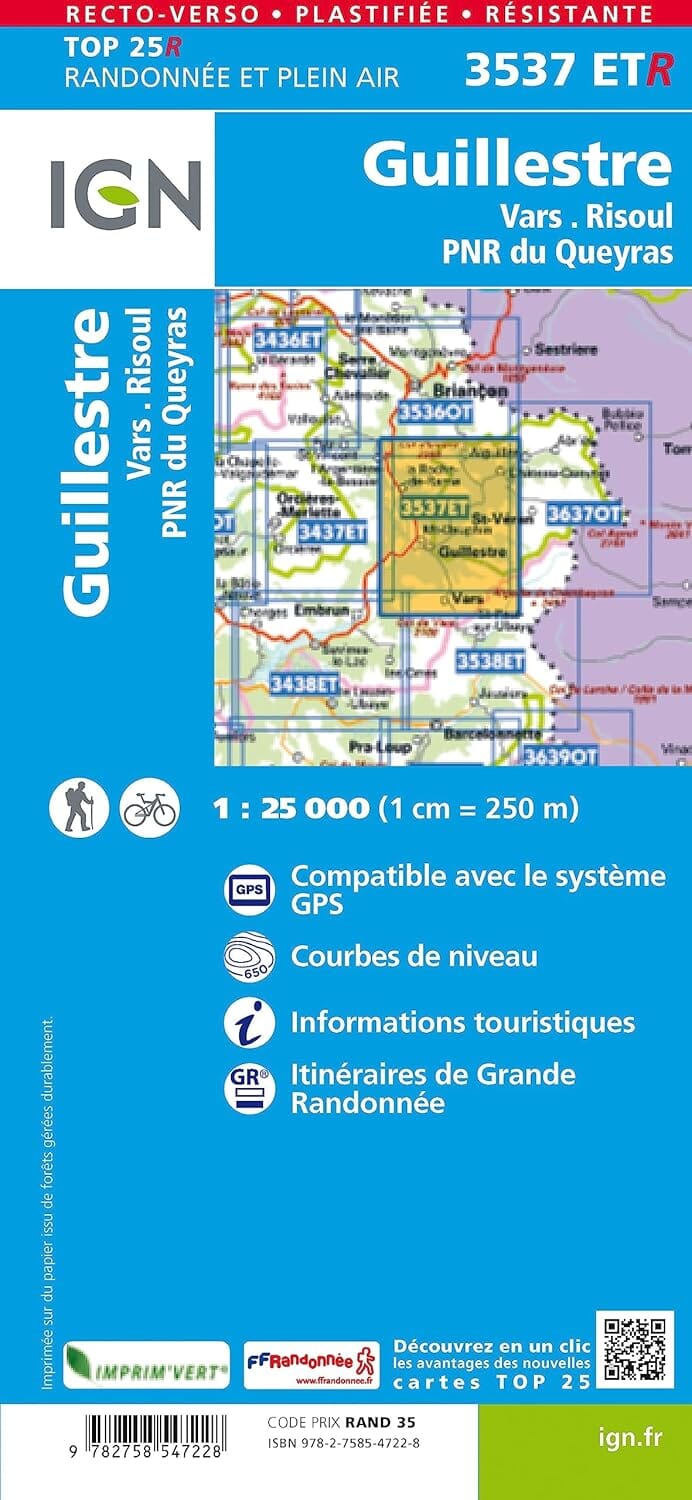 Carte de randonnée IGN TOP 25 n° 3537 ETR (Résistante) - Guillestre, Vars et Risoul (PNR du Queyras) carte de randonnée IGN 