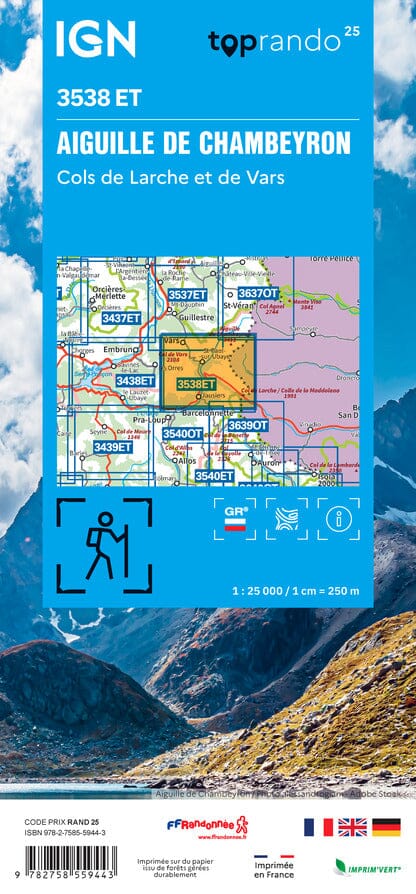 Carte de randonnée IGN TOP 25 n° 3538 ET - Aiguille de Chambeyron, Cols de Larche et de Vars carte de randonnée IGN 