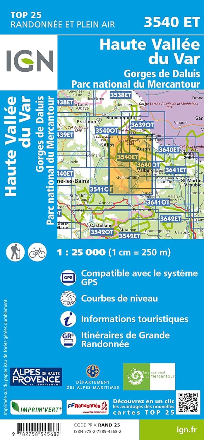 Carte de randonnée IGN TOP 25 n° 3540 ET - Haute Vallée du Var, Gorges de Daluis (PNR du Mercantour, Alpes) carte de randonnée IGN 