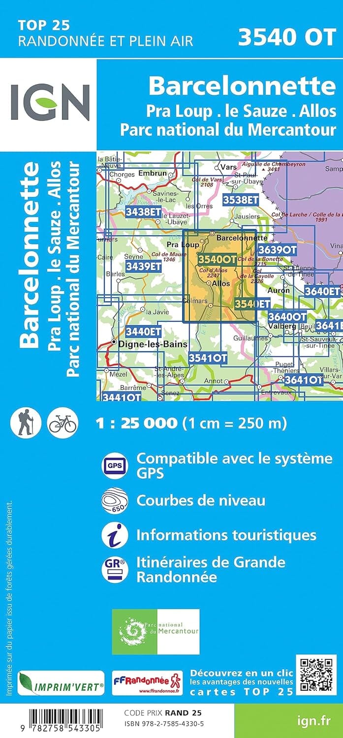 Carte de randonnée IGN TOP 25 n° 3540 OT - Barcelonnette, Pra-Loup, le Sauze, Allos (Mercantour) carte de randonnée IGN 