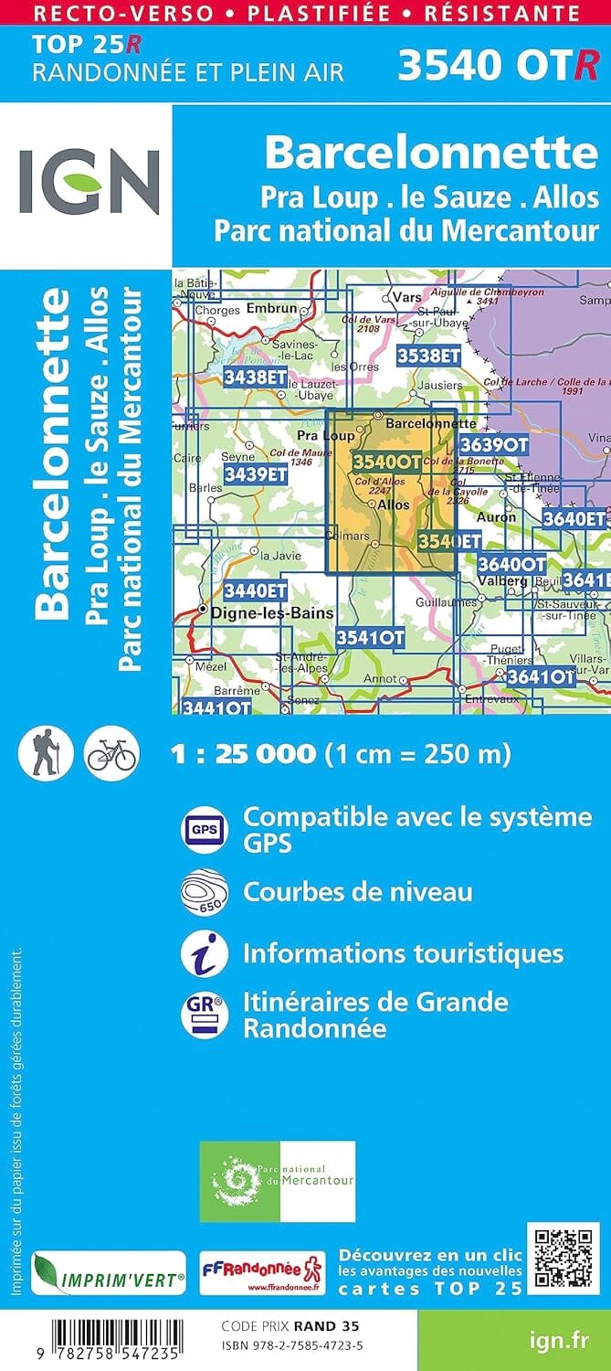 Carte de randonnée IGN TOP 25 n° 3540 OTR (Résistante) - Barcelonnette, Pra-Loup, le Sauze, Allos (Mercantour) carte de randonnée IGN 
