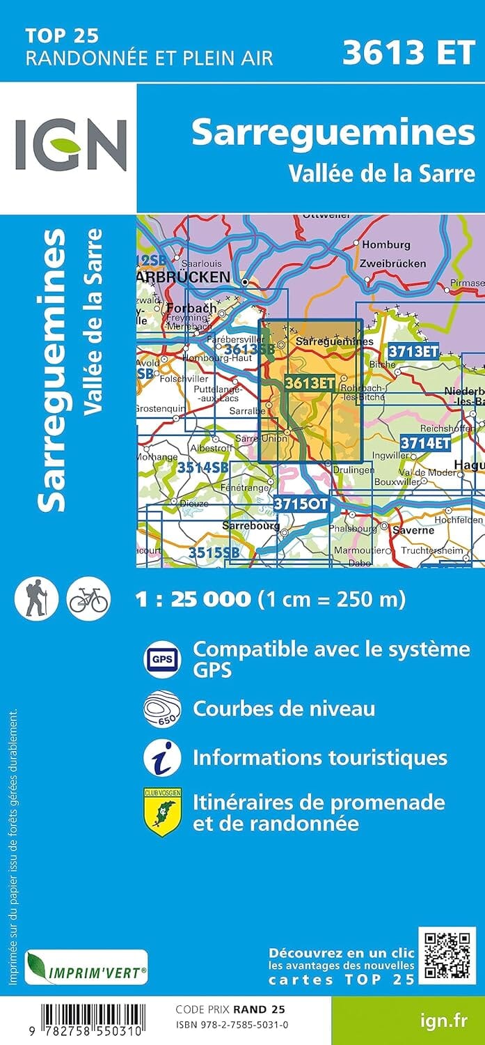 Carte de randonnée IGN TOP 25 n° 3613 ET - Sarreguemines, Vallée de la Sarre carte de randonnée IGN 