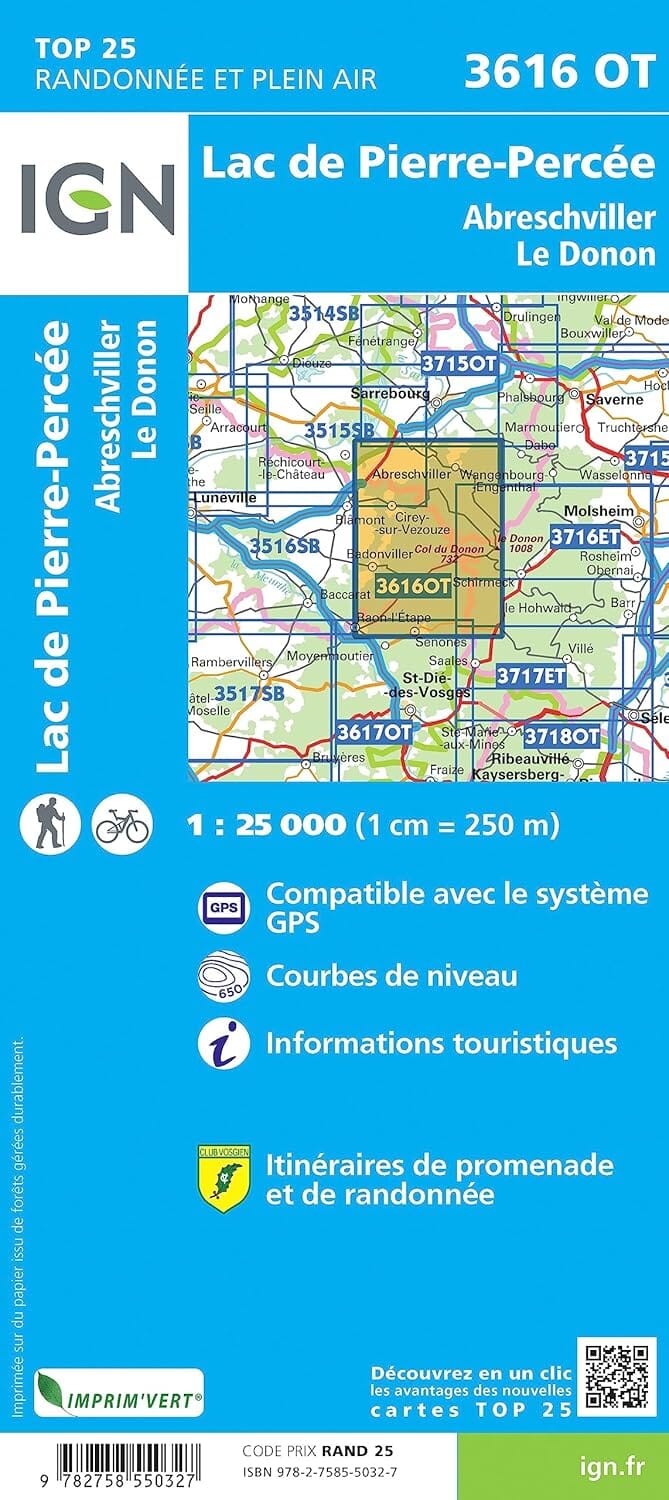 Carte de randonnée IGN TOP 25 n° 3616 OT - Lac de Pierre-Percée, Abreschviller, Le Donon carte de randonnée IGN 