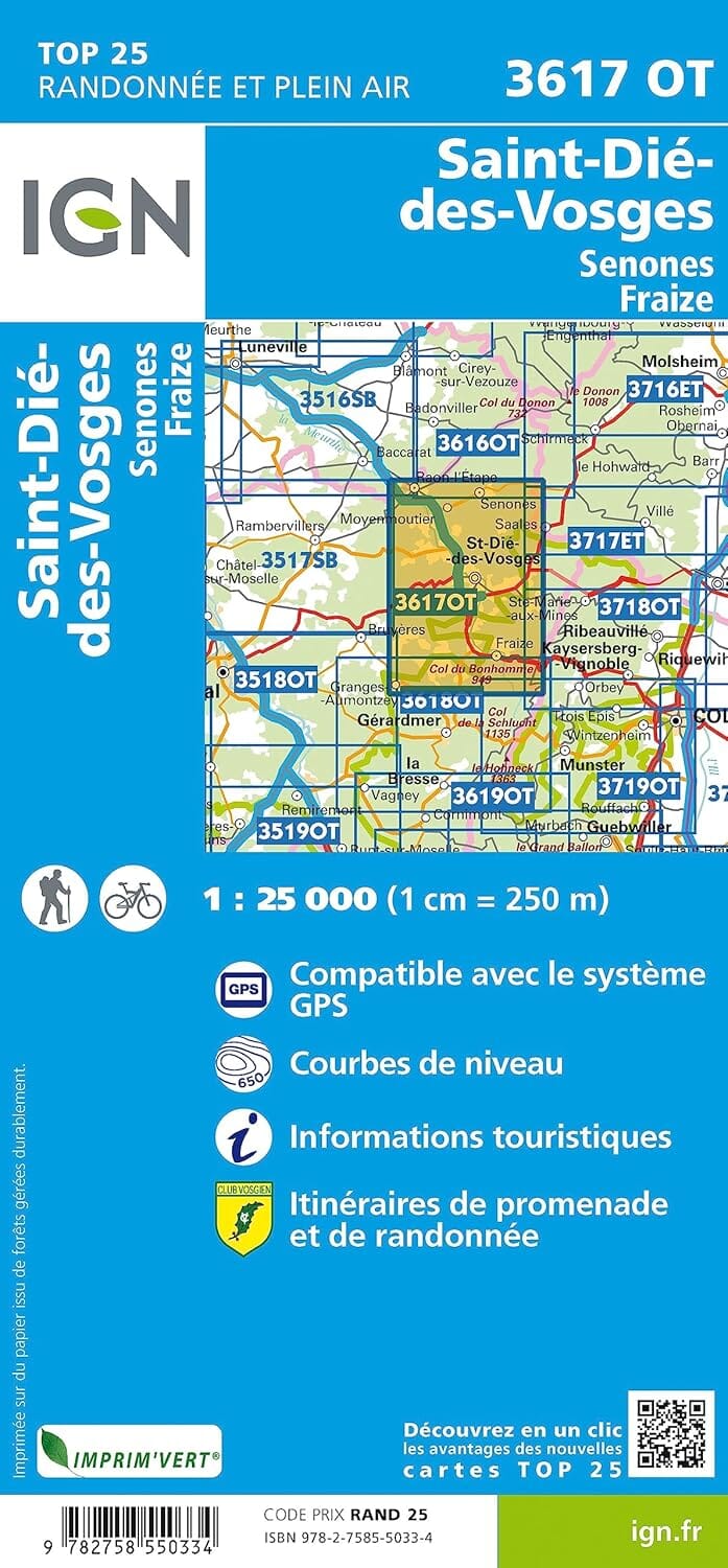 Carte de randonnée IGN TOP 25 n° 3617 OT - Saint-Dié-des Vosges, Senones, Fraize carte de randonnée IGN 