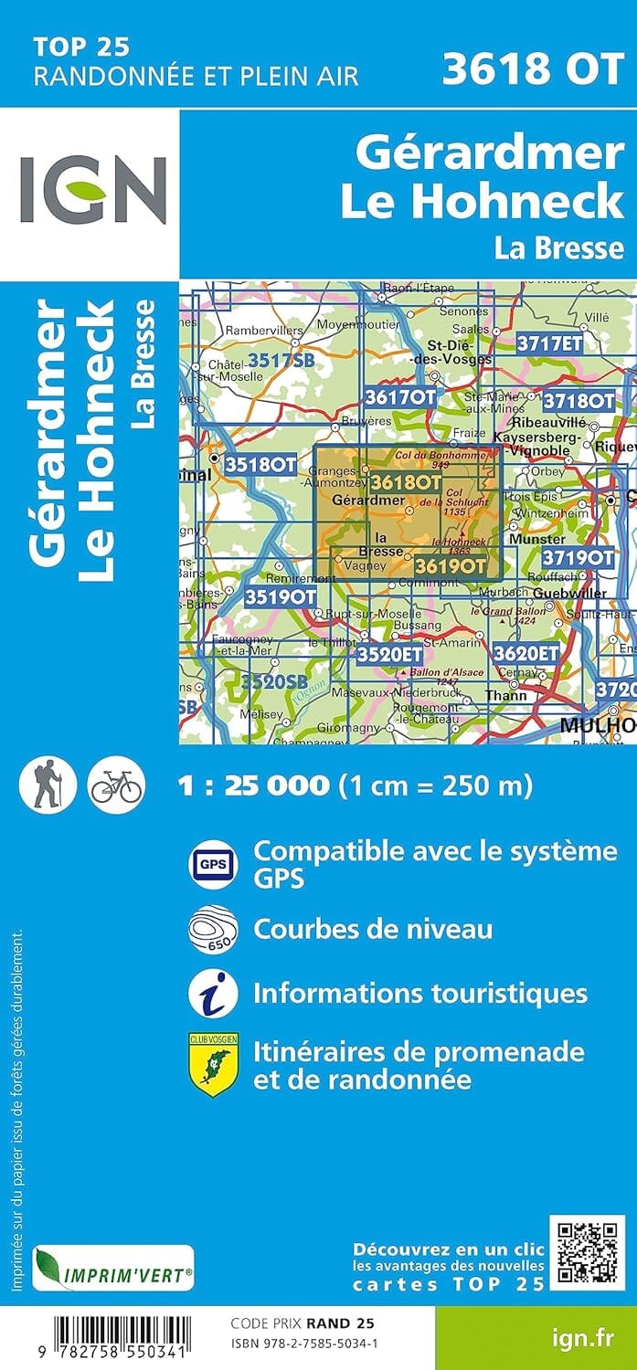Carte de randonnée IGN TOP 25 n° 3618 OT - Gérardmer, Le Hohneck, La Bresse carte de randonnée IGN 