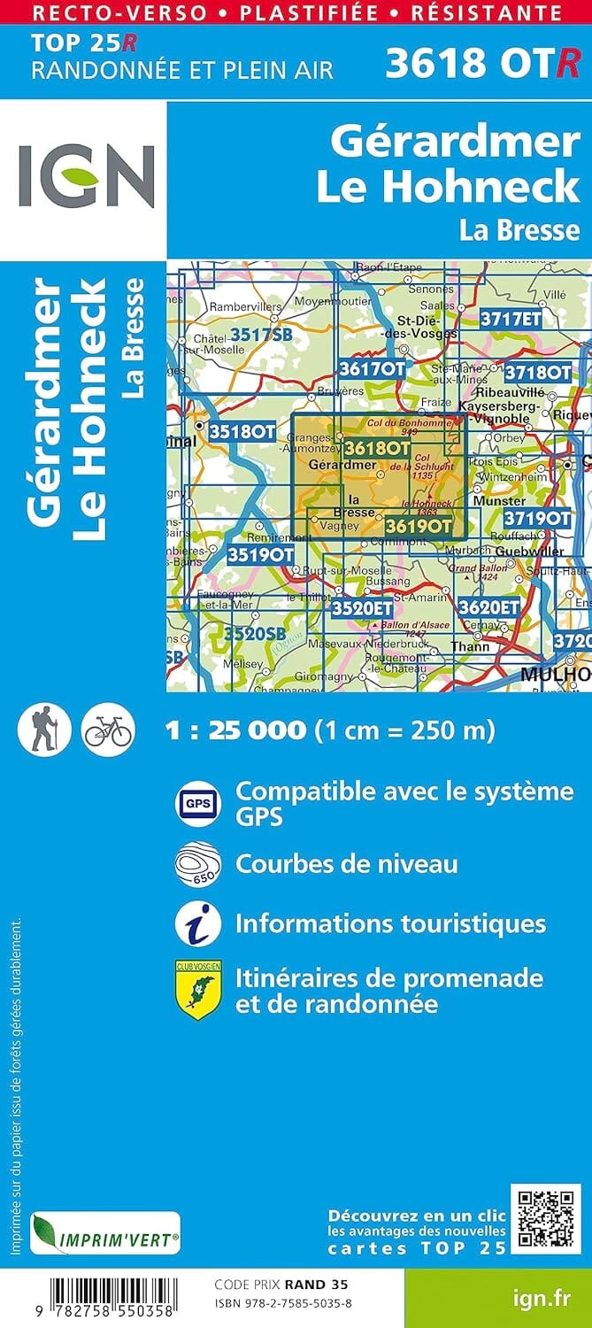 Carte de randonnée IGN TOP 25 n° 3618 OTR (Résistante) - Gérardmer, Le Hohneck, La Bresse carte de randonnée IGN 