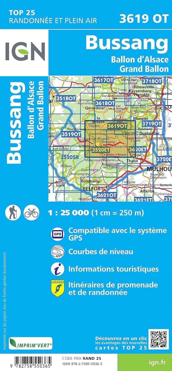 Carte de randonnée IGN TOP 25 n° 3619 OT- Bussang, Ballon d'Alsace, Grand Ballon carte de randonnée IGN 