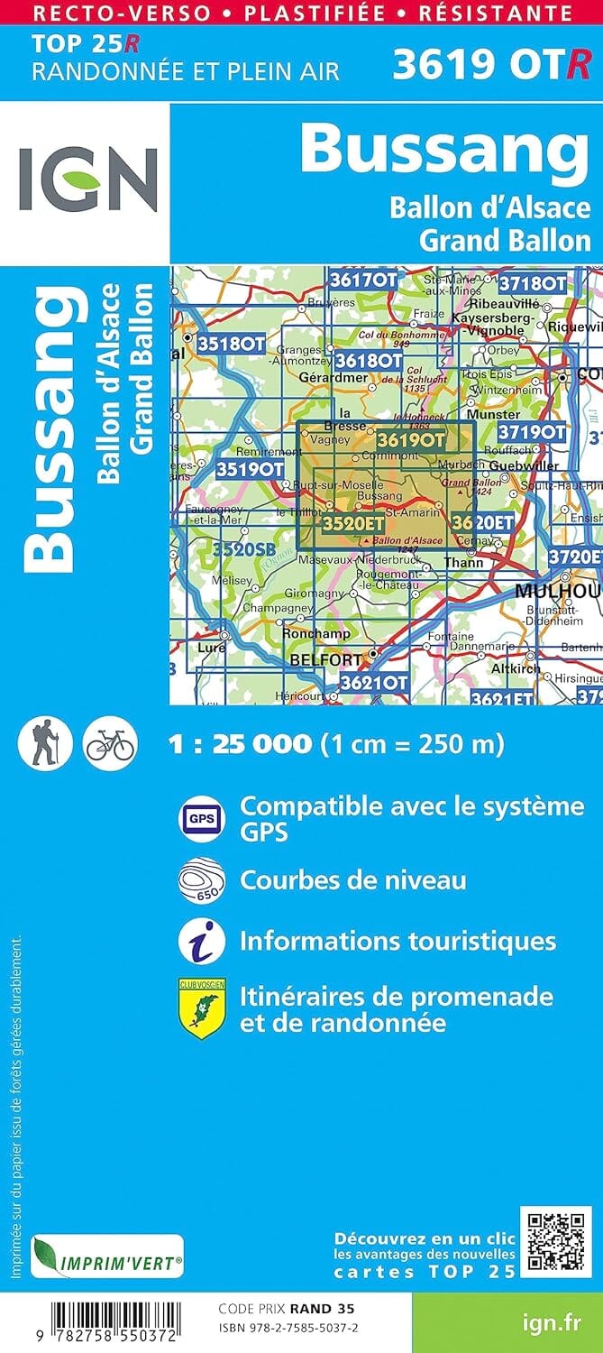 Carte de randonnée IGN TOP 25 n° 3619 OTR (Résistante) - Bussang, Ballon d'Alsace, Grand Ballon carte de randonnée IGN 