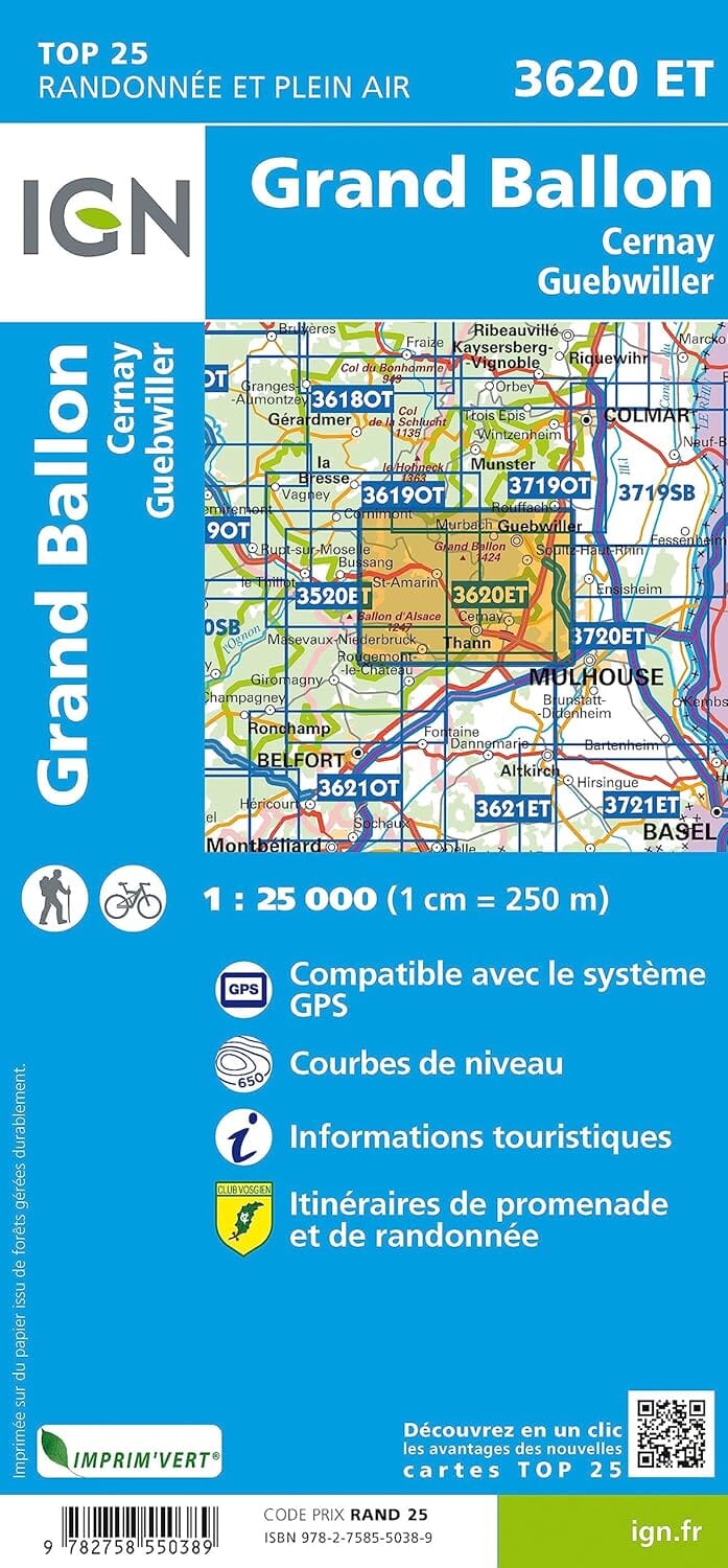 Carte de randonnée IGN TOP 25 n° 3620 ET - Grand Ballon, Cernay, Guebwiller carte de randonnée IGN 