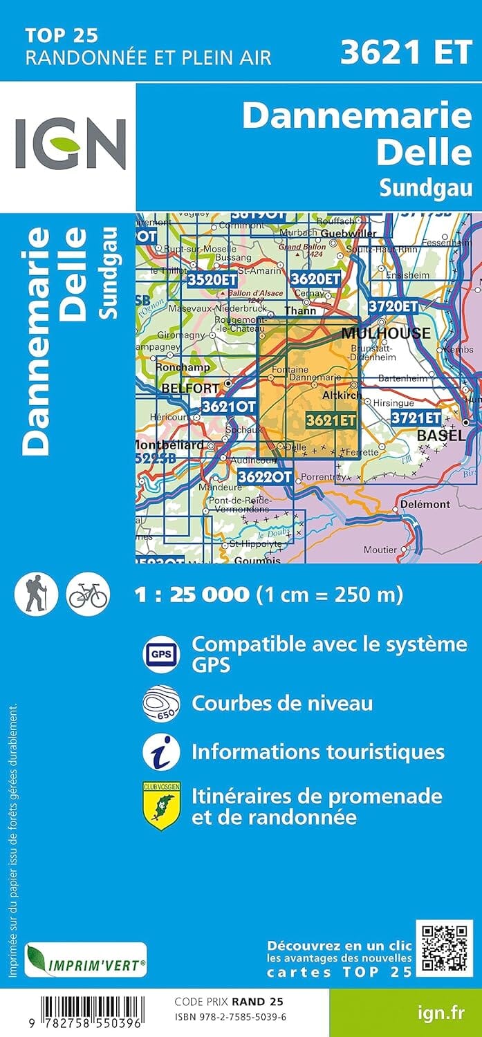 Carte de randonnée IGN TOP 25 n° 3621 ET - Dannemarie, Delle, Sundgau carte de randonnée IGN 