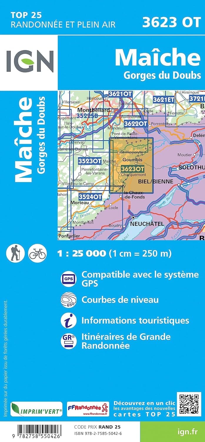 Carte de randonnée IGN TOP 25 n° 3623 OT - Maiche, Gorges du Doubs carte de randonnée IGN 