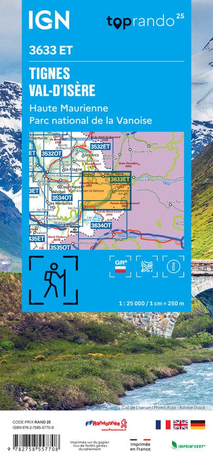 Carte de randonnée IGN TOP 25 n° 3633 ET - Tignes, Val d'Isère, Haute Maurienne, PN Vanoise carte de randonnée IGN 