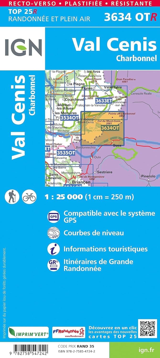 Carte de randonnée IGN TOP 25 n° 3634 OTR (résistante) - Val Cenis & Charbonnel (Alpes) carte de randonnée IGN 