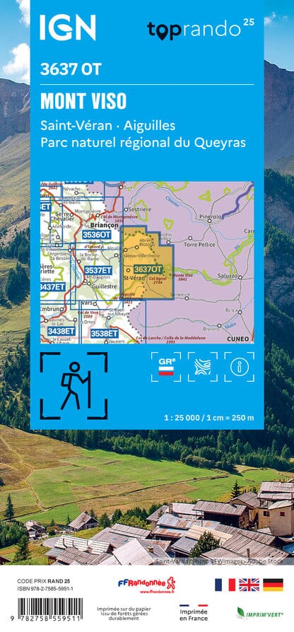 Carte de randonnée IGN TOP 25 n° 3637 OT - Mont Viso, Saint-Véran, Aiguilles (Queyras) carte de randonnée IGN 