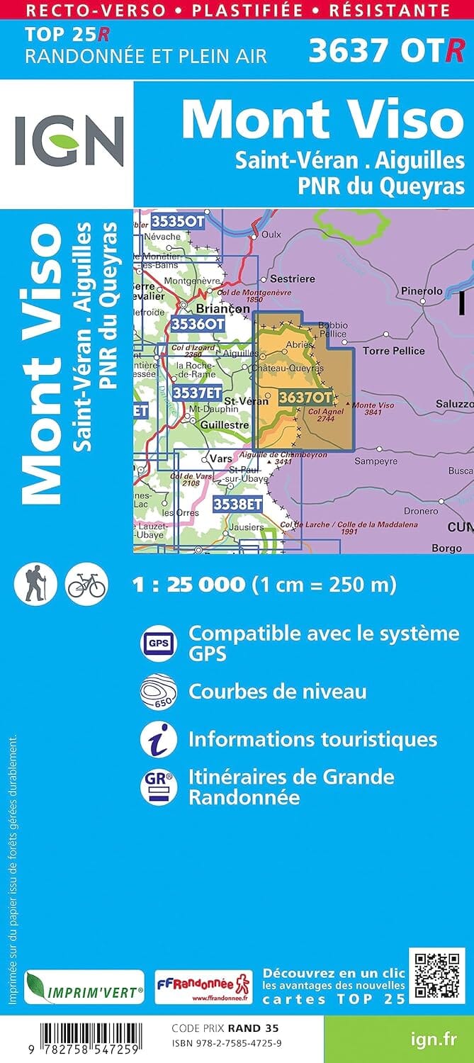 Carte de randonnée IGN TOP 25 n° 3637 OTR (résistante) - Mont Viso, St Véran & Aiguilles (Queyras) carte de randonnée IGN 
