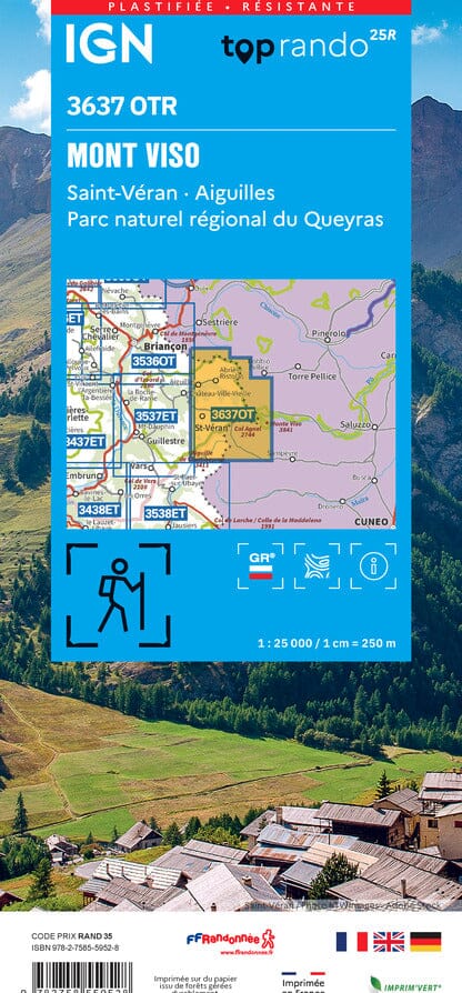 Carte de randonnée IGN TOP 25 n° 3637 OTR (résistante) - Mont Viso, St Véran & Aiguilles (Queyras) carte de randonnée IGN 