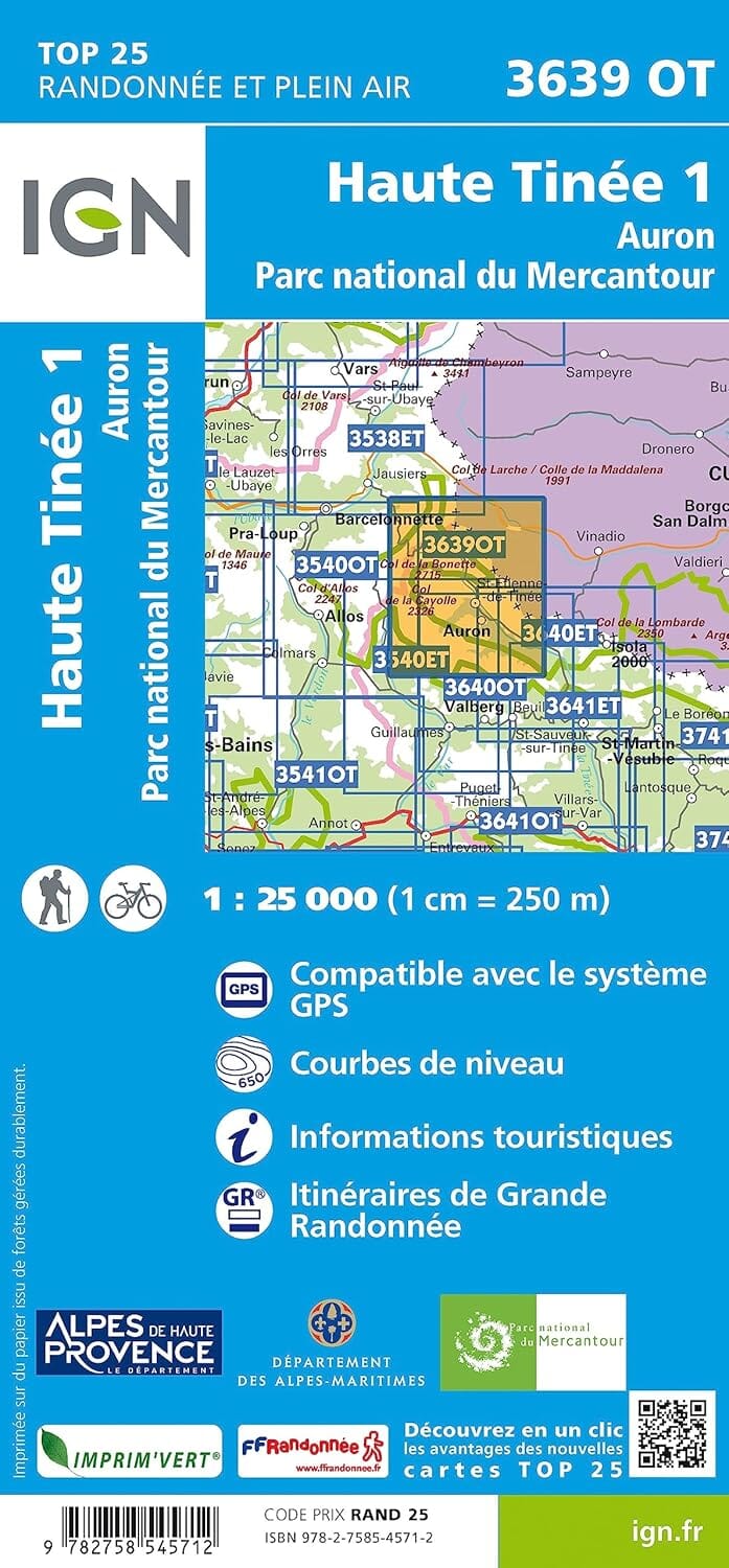 Carte de randonnée IGN TOP 25 n° 3639 OT - Haute Tinée 1, Auron (PNR du Mercantour, Alpes) carte de randonnée IGN 