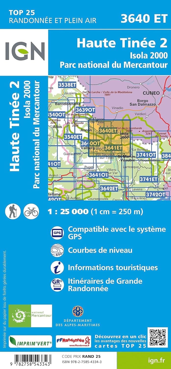 Carte de randonnée IGN TOP 25 n° 3640 ET - Haute Tinée 2, Isola 2000 (PNR du Mercantour) carte de randonnée IGN 