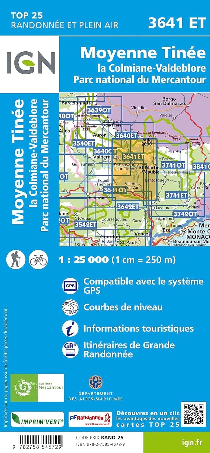 Carte de randonnée IGN TOP 25 n° 3641 ET - Moyenne Tinée, La Colmiane-Valdeblore (PNR du Mercantour, Alpes) carte de randonnée IGN 